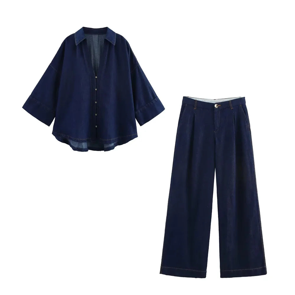 Denim Set Loose Fit Button Down Shirt With Wide Leg Pants