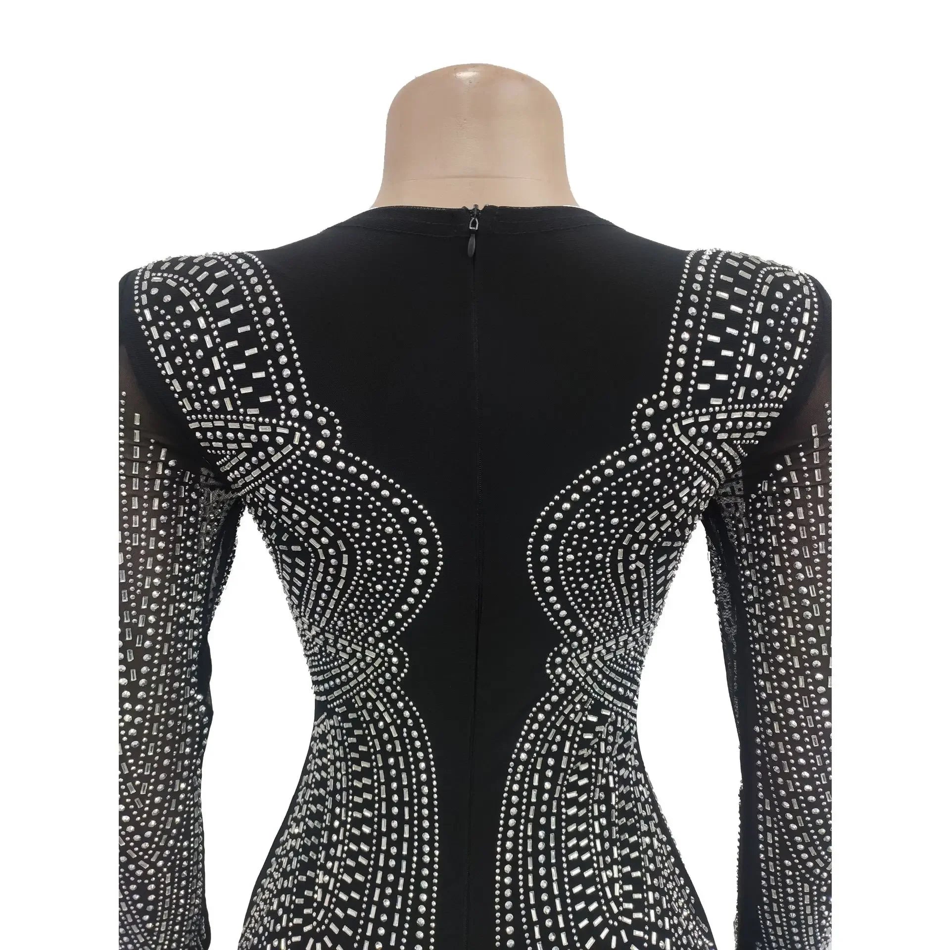 Diamond Mesh Bandage O Neck Long Sleeve Bodycon Mini Dress