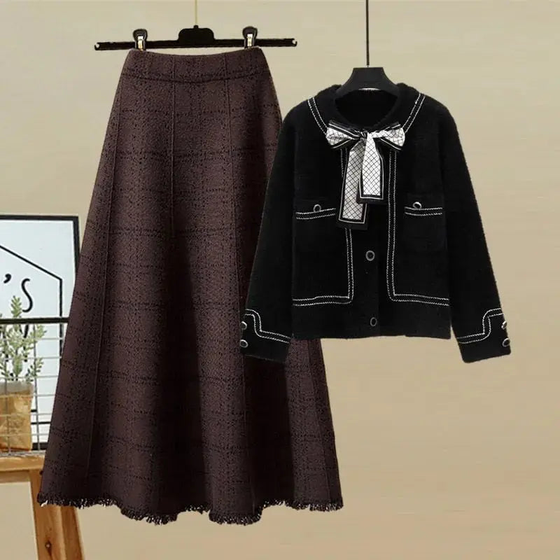 Bow Tie Cardigan Plaid Skirt Two-piece Set