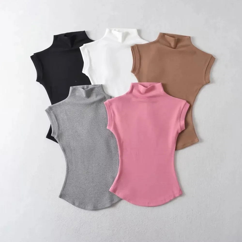 Turtleneck Sleeveless T-Shirts Tops Solid Slim Fit Pullovers Causal Tees Shirts