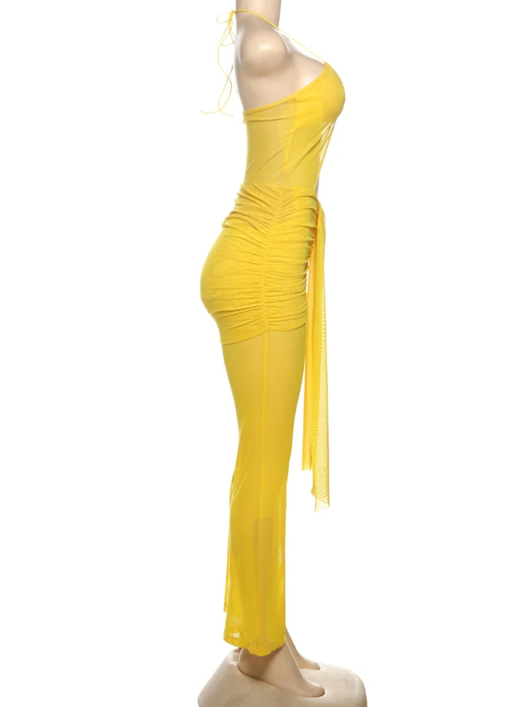 Hollow Halter Backless Ruched Ribbon Waist See Through Dress