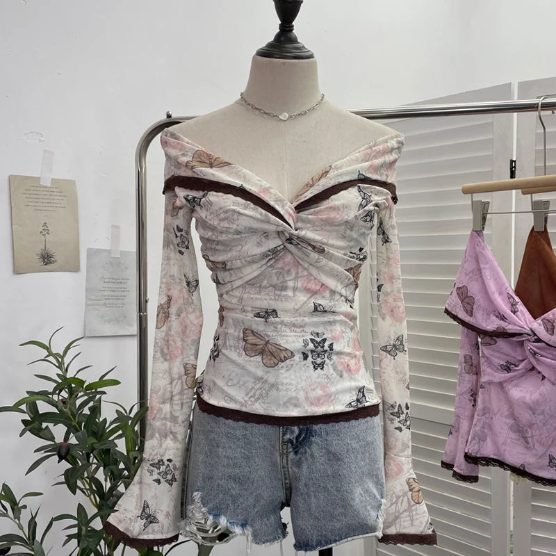 Off Shoulder Patched Ruffled Mesh Slash Collar T Shirts