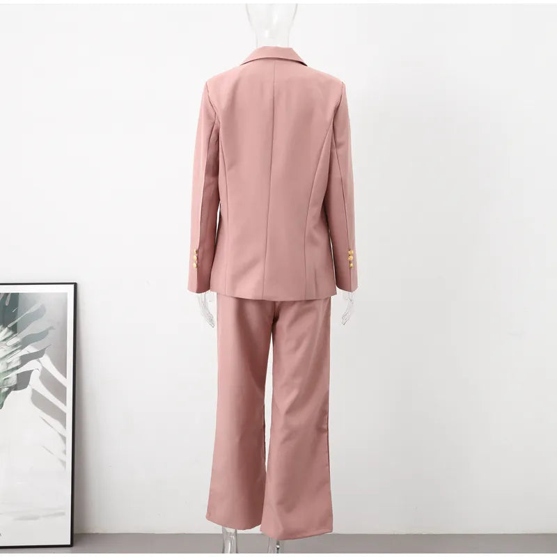 Elegant Office Lady Blazer Suit Coat High Waist Straight Pants Set