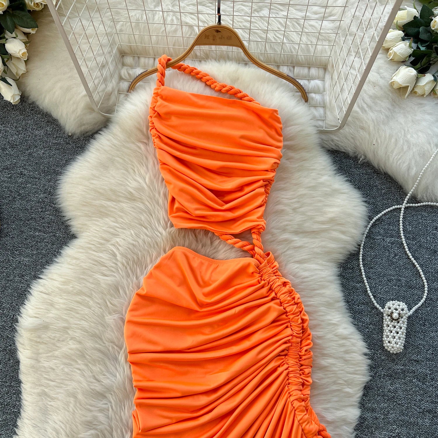 Hollow Out Split Ruched Solid Maxi Sundress
