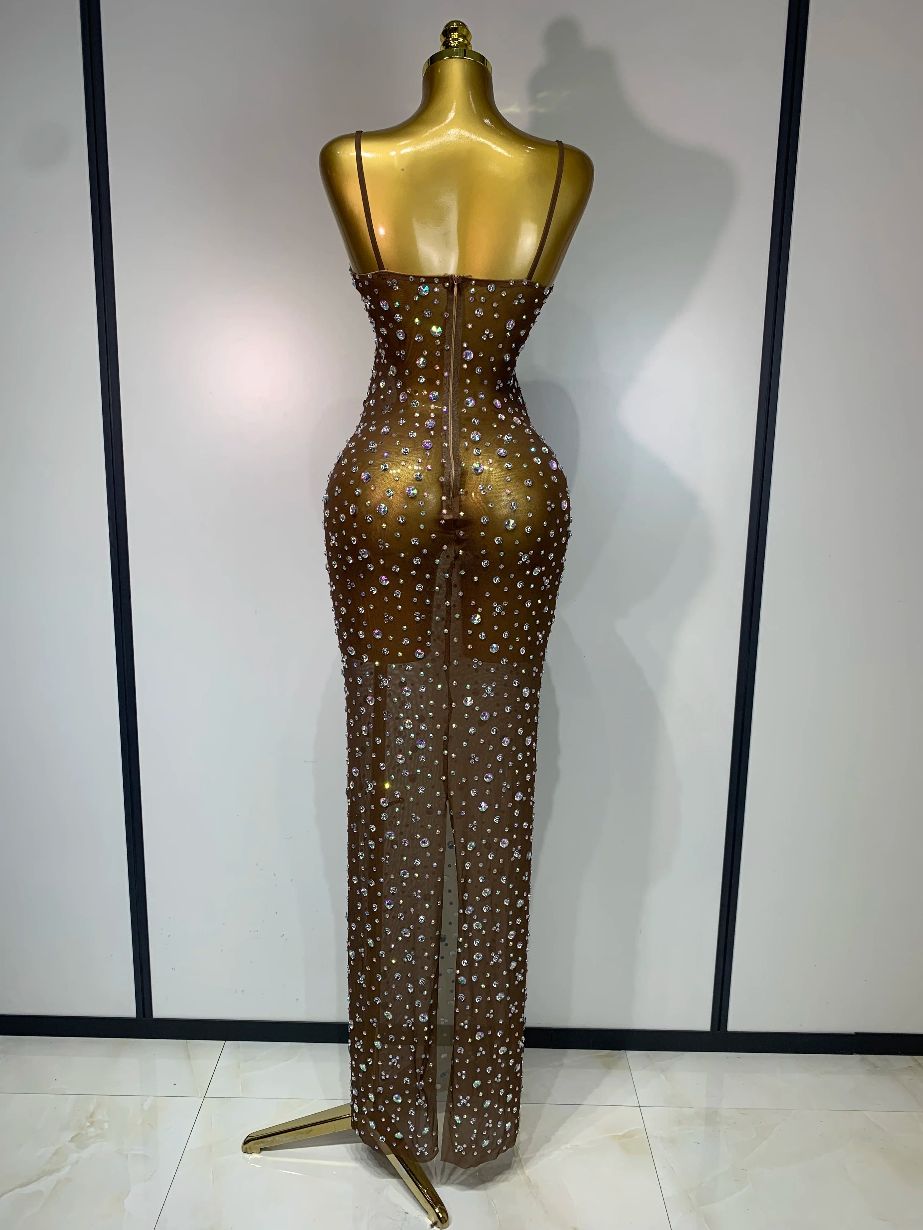 Sparkly Rhinestone See through Mesh Luxury Dress