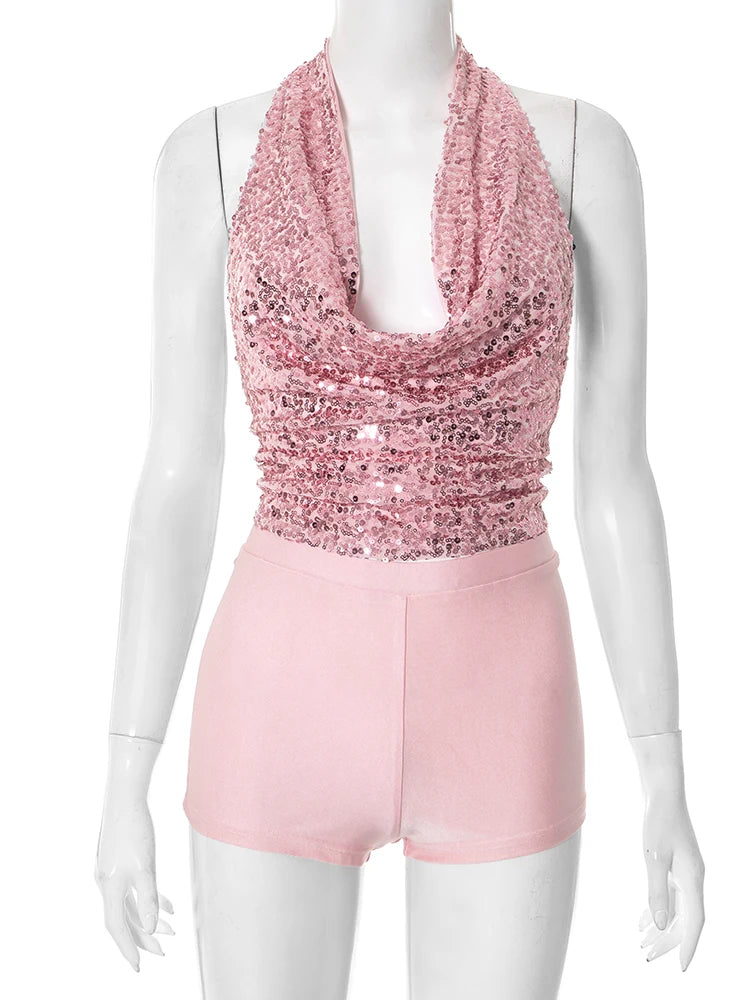 2 Piece Set Women Y2K Hipster Halter Bandage Swing Collar Tank Tops+Shorts Matching Set