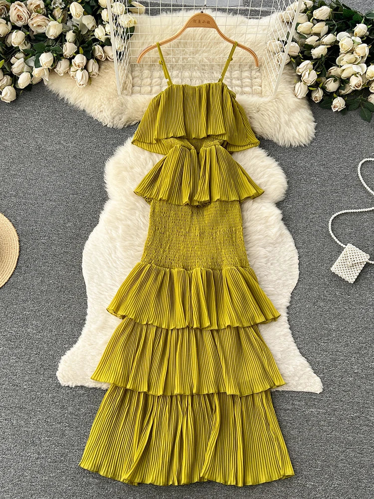 Ruffles Pleated Strapless Sleeveless Slim Dress