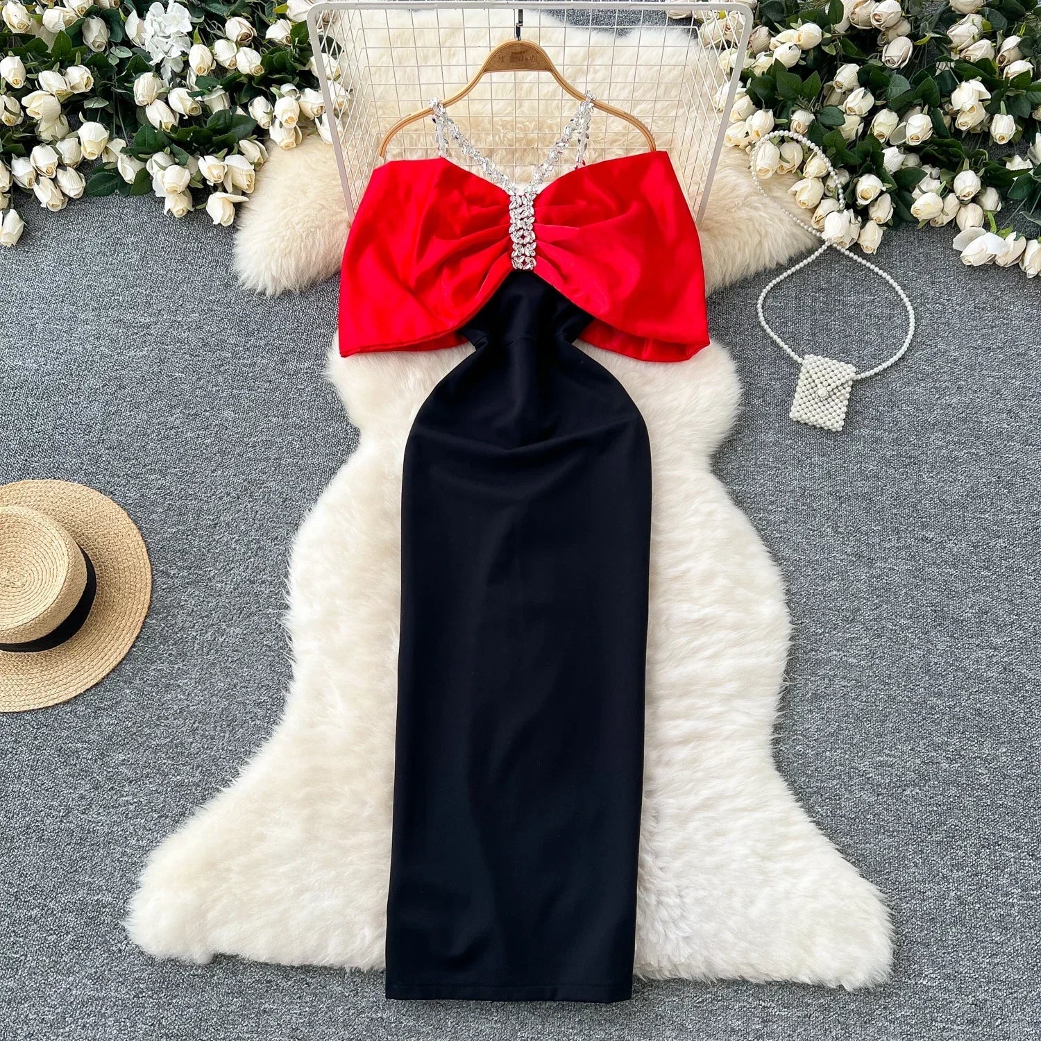 Elegant Rhinestone Chain Halter Off Shoulder Vintage Dress