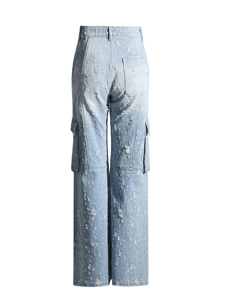 High Waist Spliced Pocket Designer Patchwork Zipper Hole Denim Wide Leg Pants