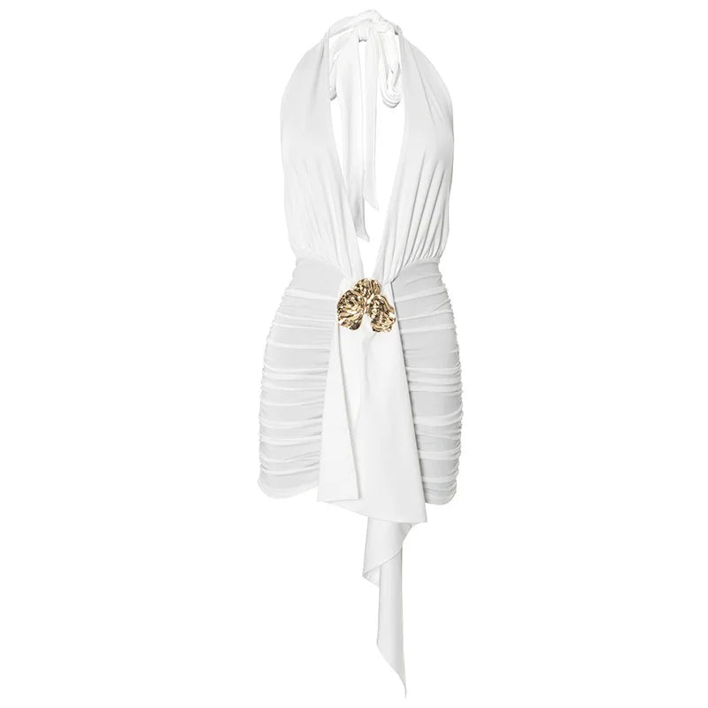 Sleeveless Halter Pleated Ribbon Deep V Backless Dress