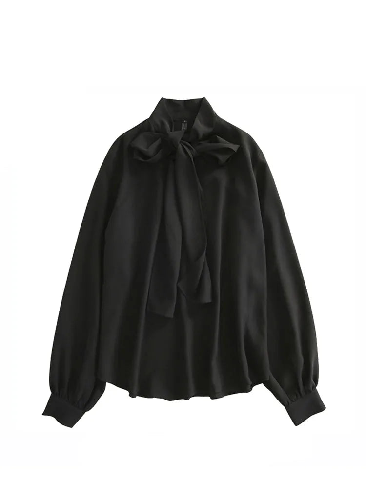 Lace Up Vintage Long Sleeve Solid Chiffon Casual Bow Blouse