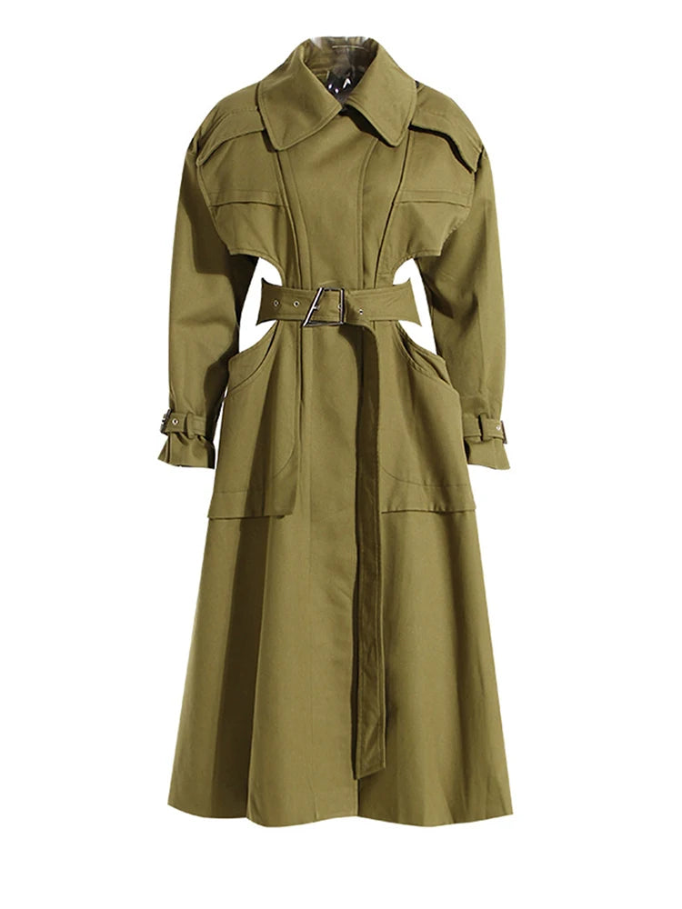 Cut-out Big Size Camel Long Trench Lapel Loose Fit Windbreaker