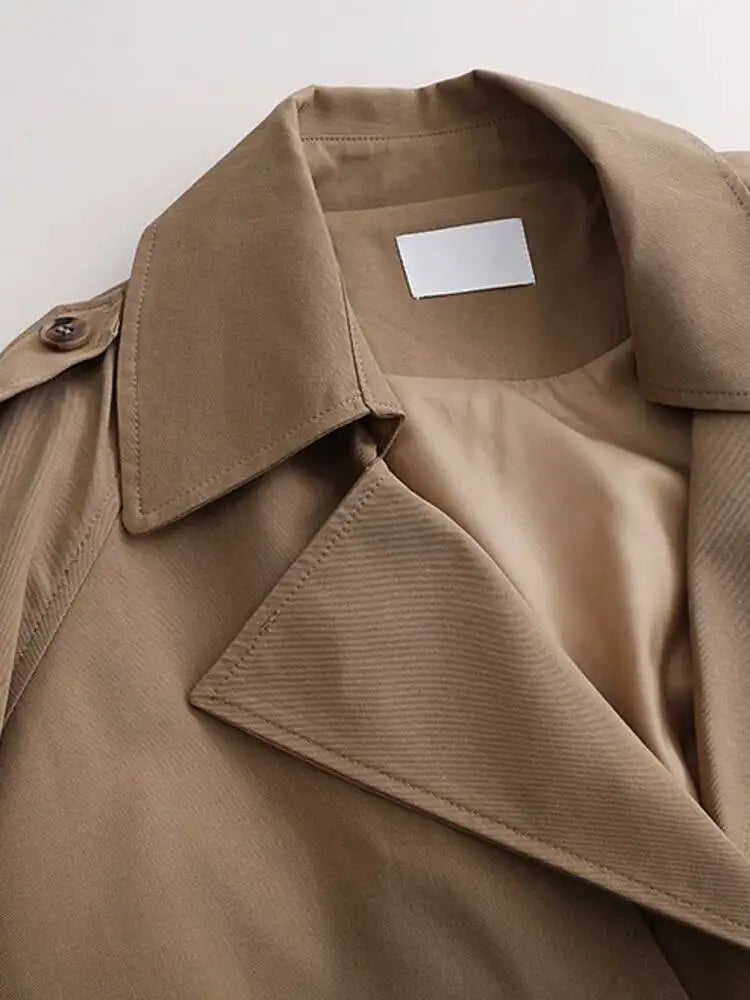 Stylish Cropped Lapel Collar And Belted Cuffs Trench Coat