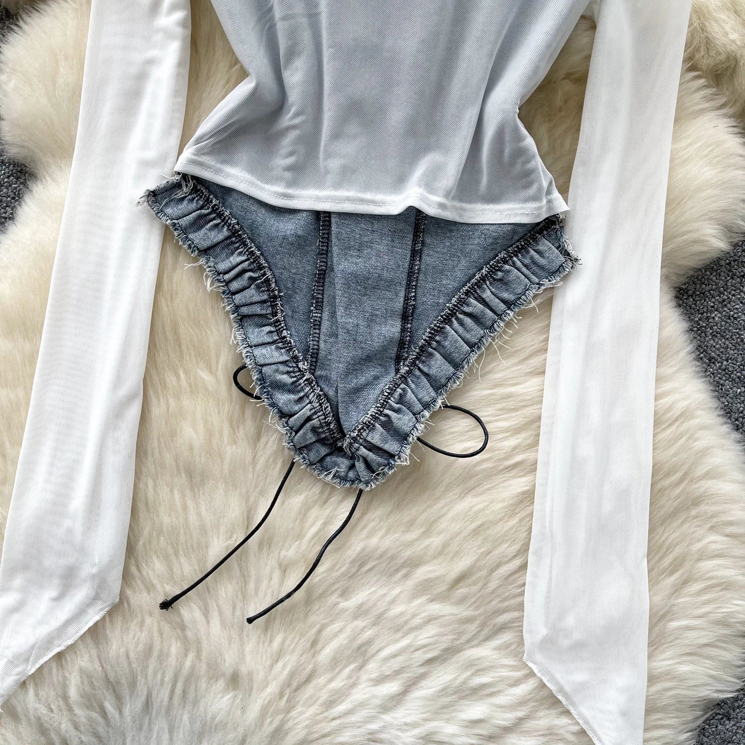Retro Patchwork Long Sleeves Sheer Lace Up Denim Bodysuit