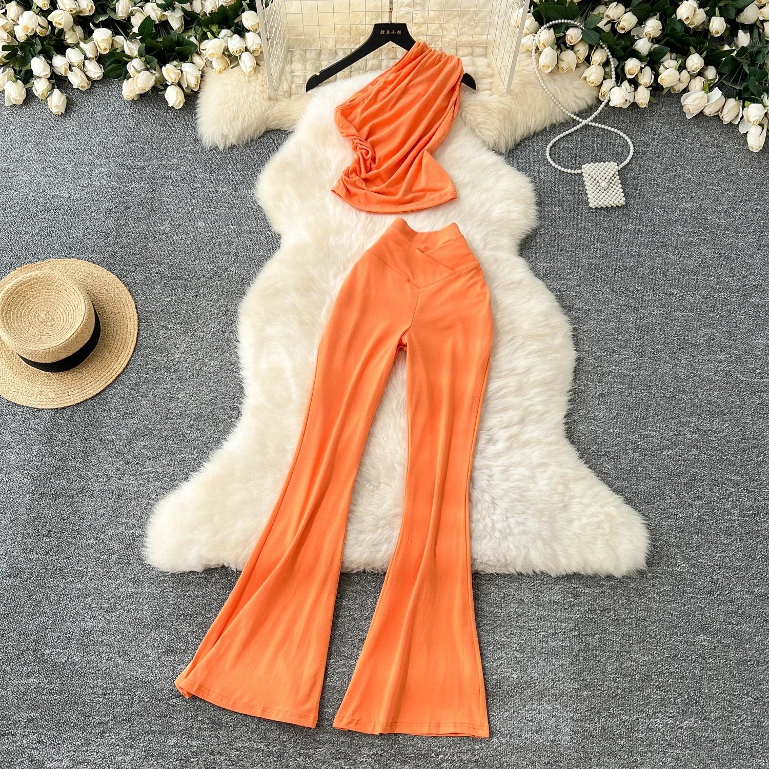 Chic Vintage Diagonal Collar Sleeveless Pleated Top and High Waist Flare Pants Two Piece Set