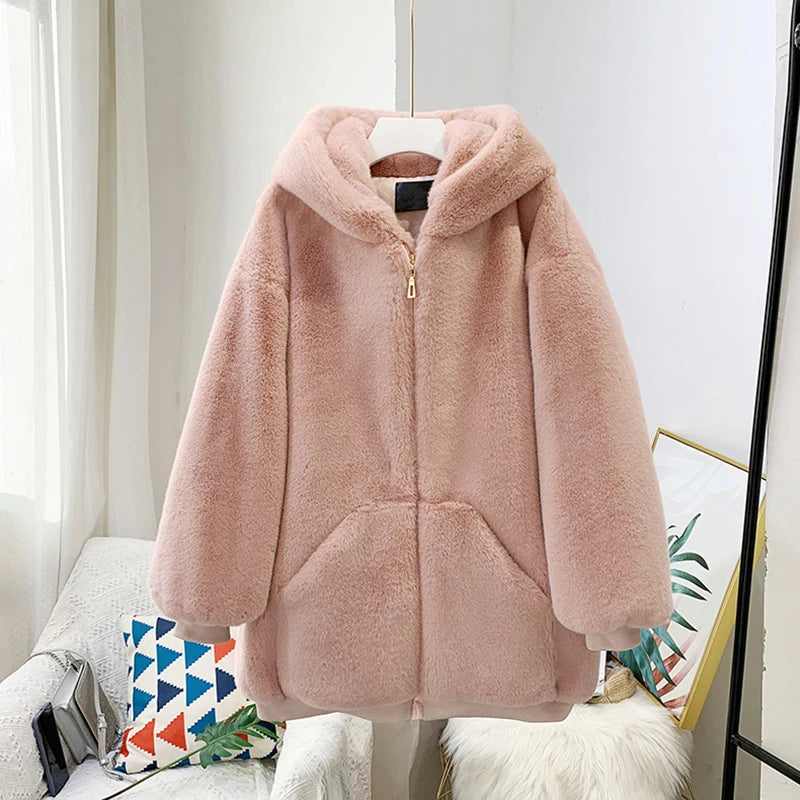 Rabbit Fur Coat Jacket Zipper Hooded Thick Warm Sporty Streetwear