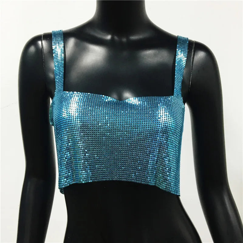 Bling Metallic Sequin Crop Top y2k Backless Straps Cropped Top