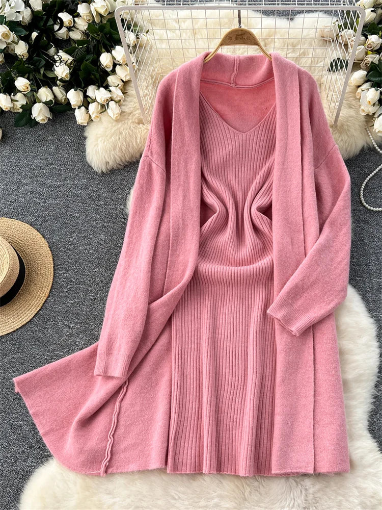 Knitted Two-Piece Sets  Knitting Cardigan+Spaghetti Strap Bodycon Dress