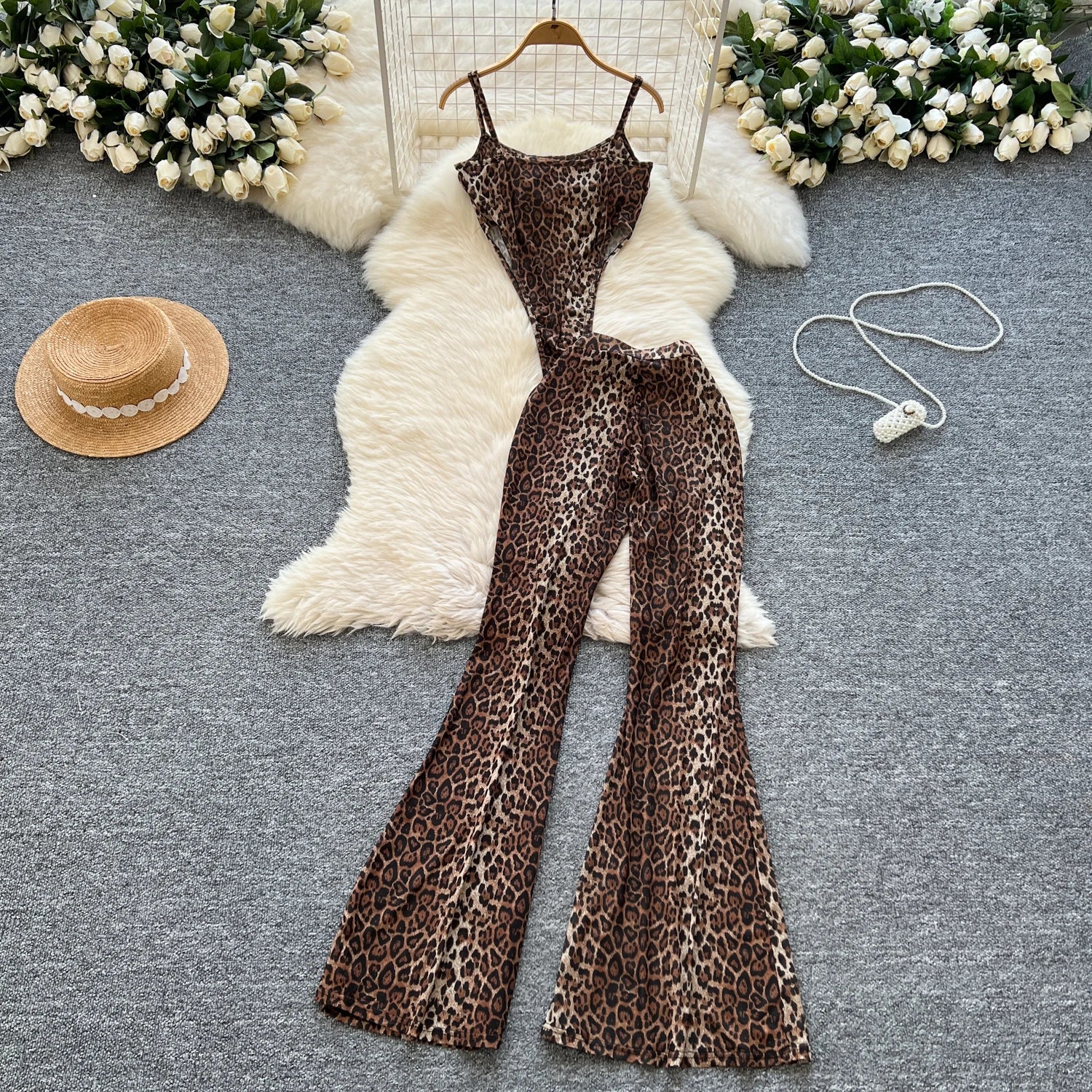 Leopard Strap Tops+Elastic Waist Flared Pants Set