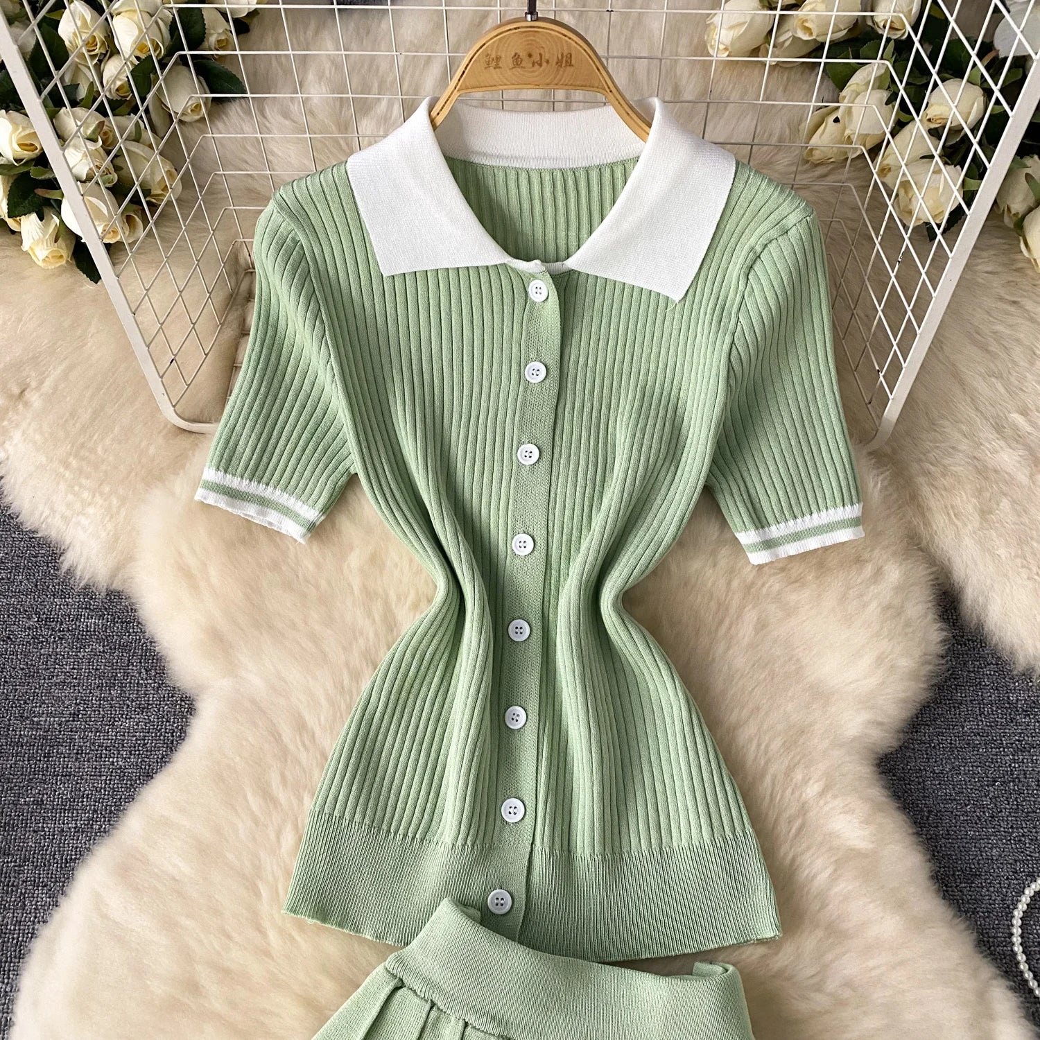 Short Sleeve Shirt+Pleated Skirt Two pcs Set