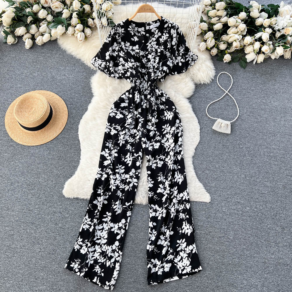 Floral V Neck Jumpsuits Retro Long Rompers