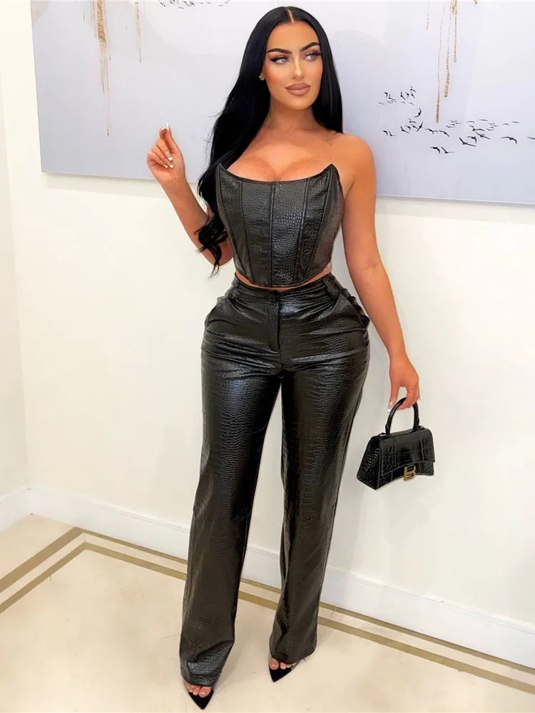 PU Leather Matching Cut-Out Cargo Sleeveless Jumpsuits 2 Piece Set