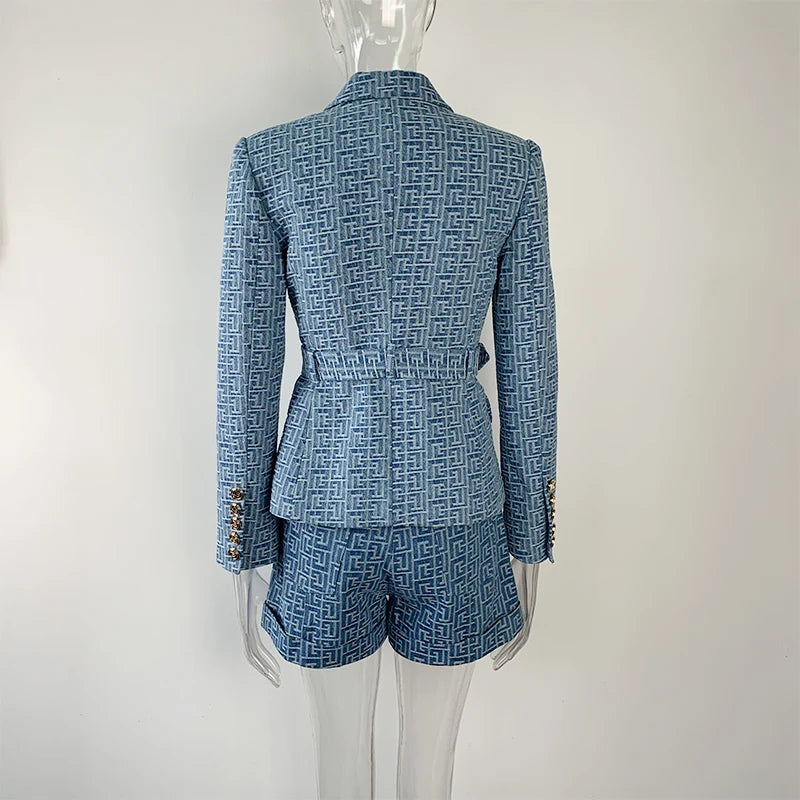 Matching 2 Pieces Washed Denim Jacquard Fabric Belt Blazer Shorts Pants Sets