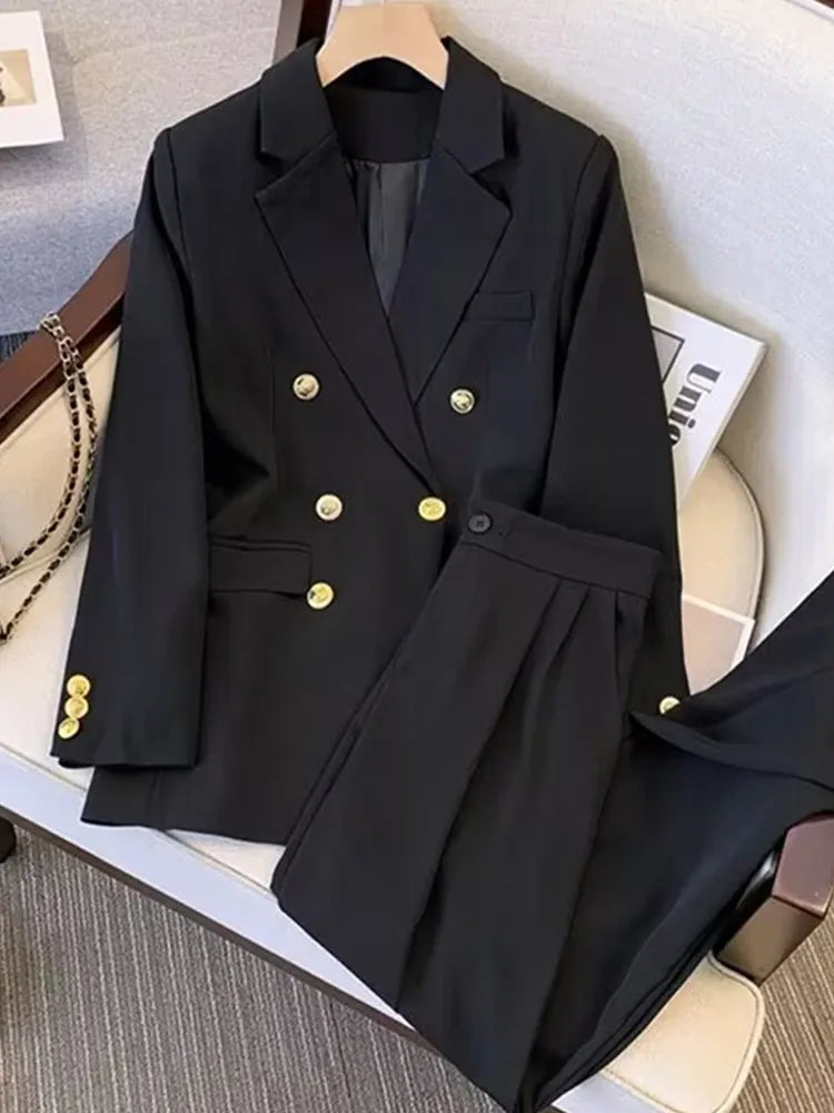 Elegant Office Lady Blazer Suit Coat High Waist Straight Pants Set