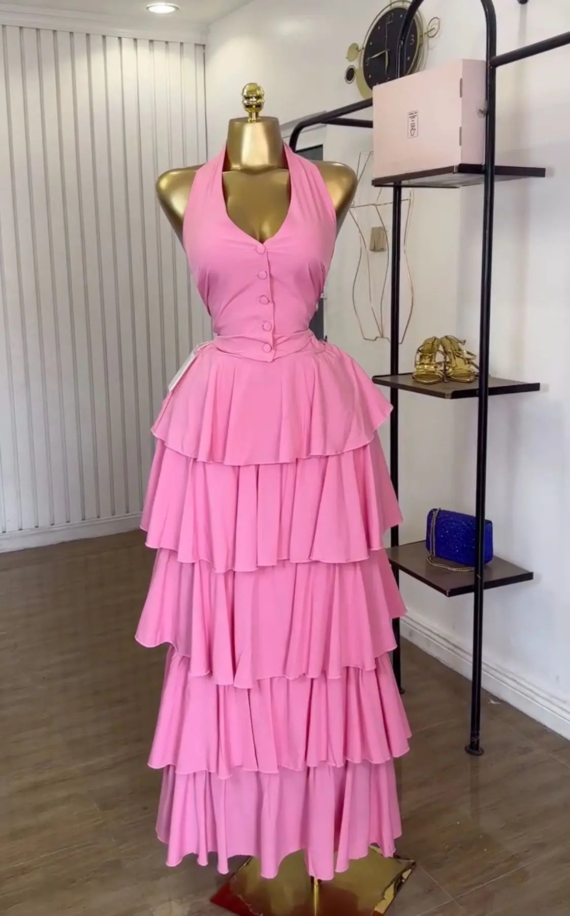 Sleeveless Vest Tops and Pleated Tiered Skirts Two Piece Set
