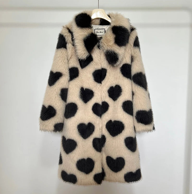 Long Love Heart Pattern High Quality Faux Fox Fur Coat