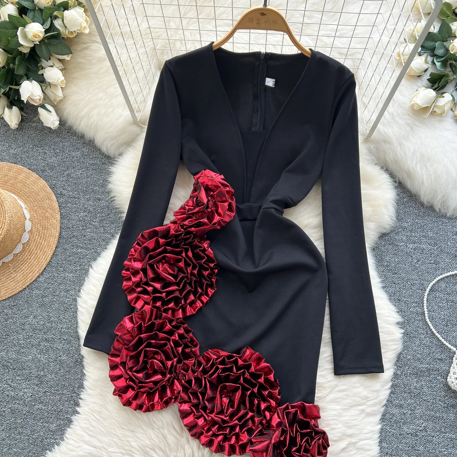 Elegant Three-dimensional floral asymmetrical long sleeve Dress