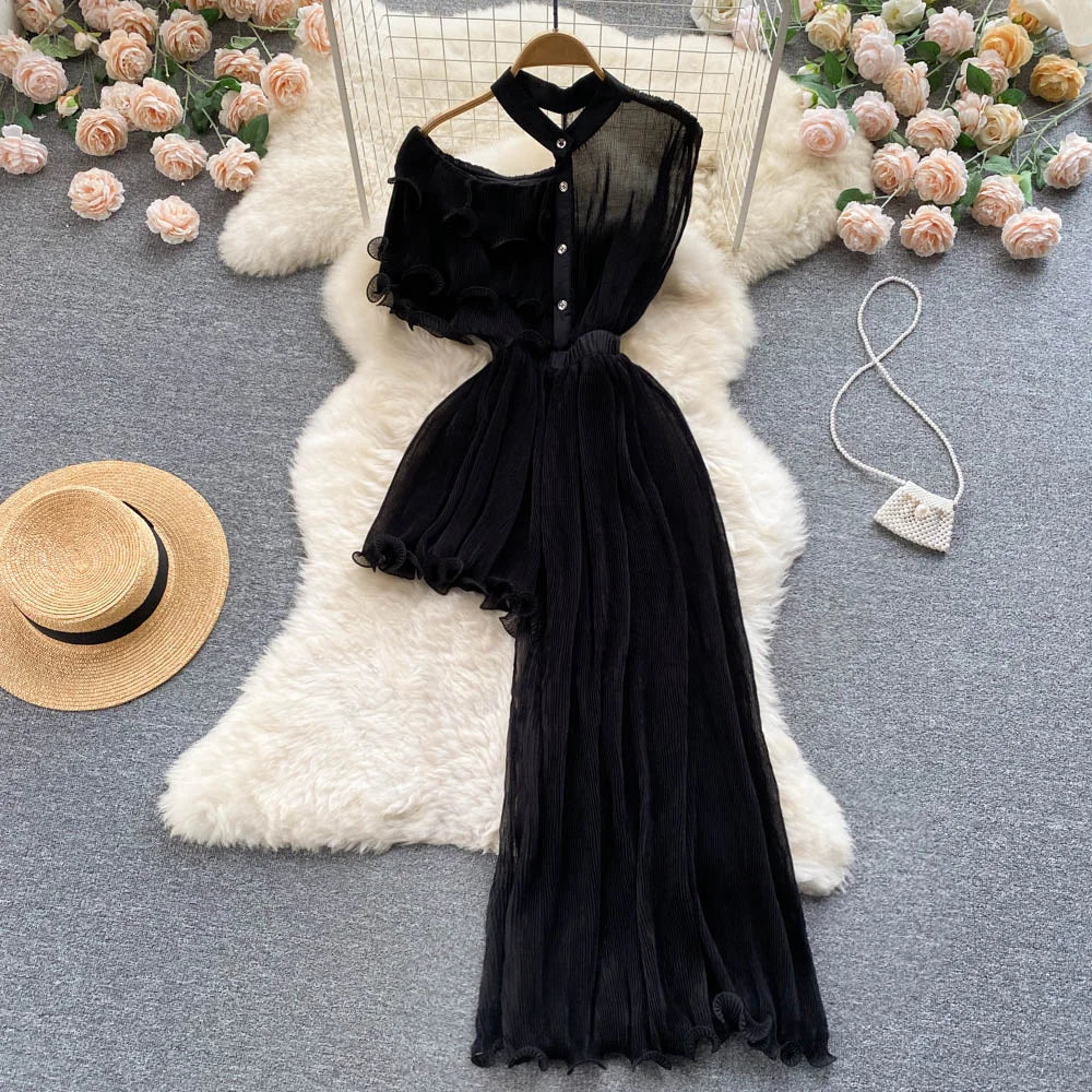 Slim Ruffled Off Shoulder Irregular Temperament Patchwork Dress