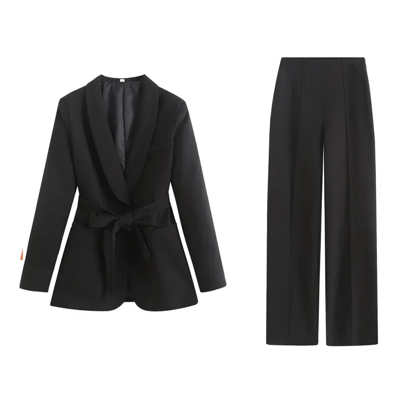 Long Sleeve Belt Bow Blazers Suit Coat Chic Female High Waist Trousers Two Piece Sets
