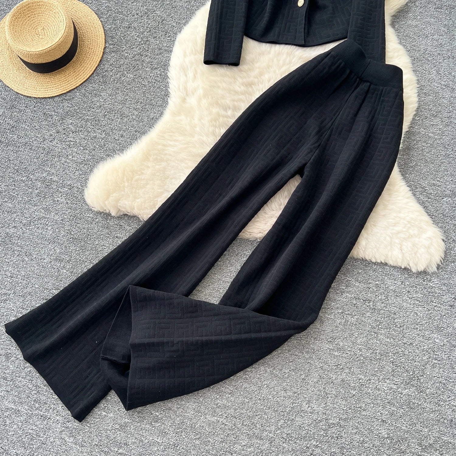 Knitted Long Sleeve Tops+Wide Trousers  Two Pieces Set