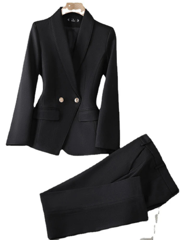 Double Breasted Turn Down Collar Blazers Solid Casual Pant Suits