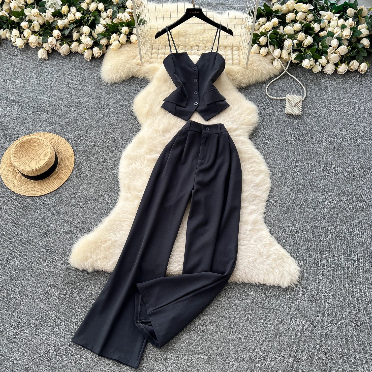 Office Lady Suits Camisole+Wide Leg Zipper Pants Chic Two Piece Set