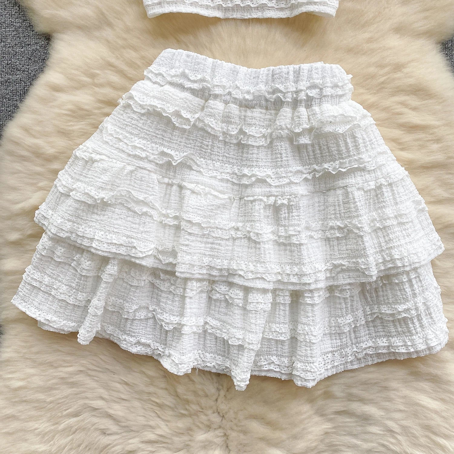 Sweet Ruched Two Pieces Sets V Neck Strap Crop Tops+Short Pleated Skirt Korean Style