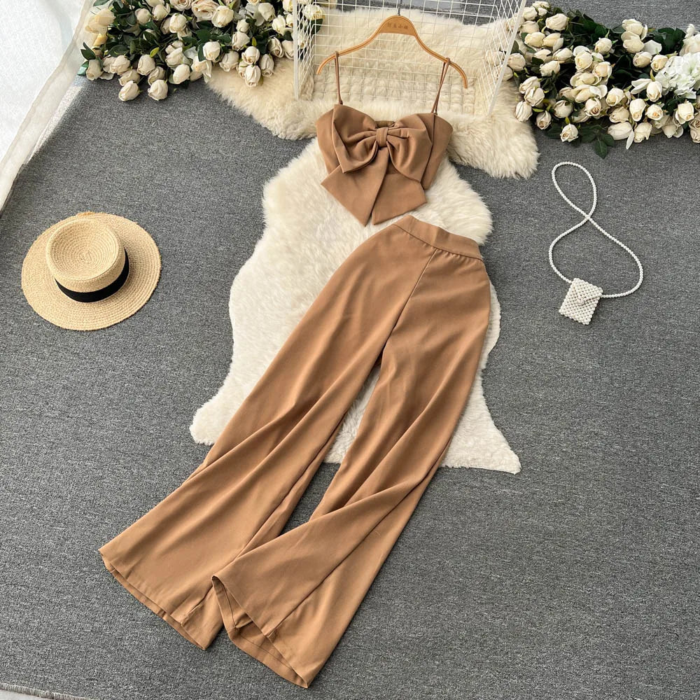 Bow Strap Top+High Waist Casual Wide Leg Long Pants Two piece Set