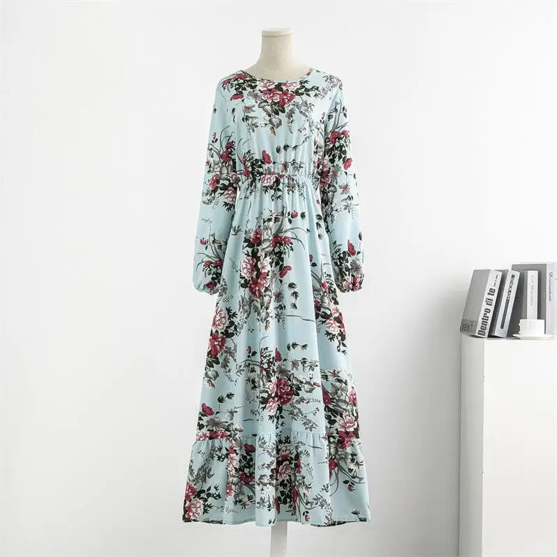 Spring Summer Chiffon Dresses Casual Floral Printed Bark Crinkling Long Dresses