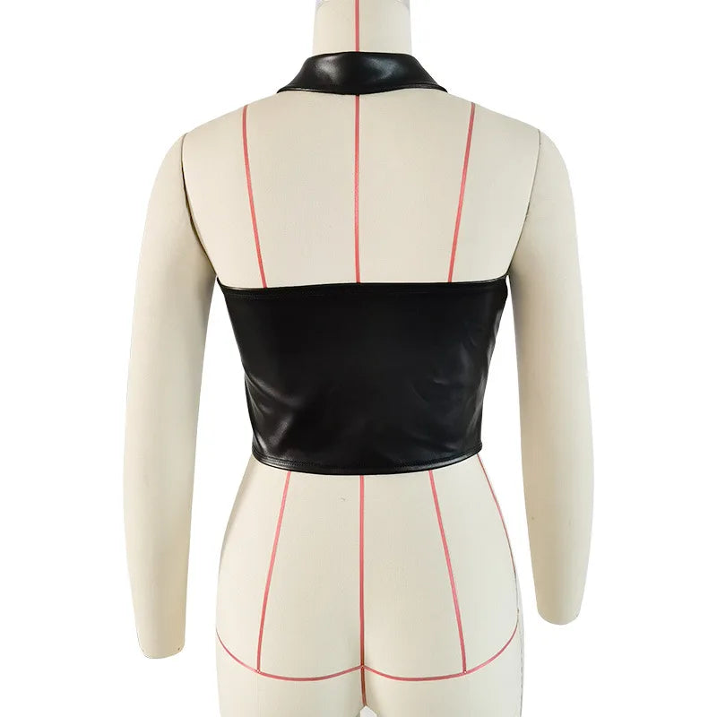 PU Imitation Leather Cross Bandage Hollow Out Halter Crop Tops