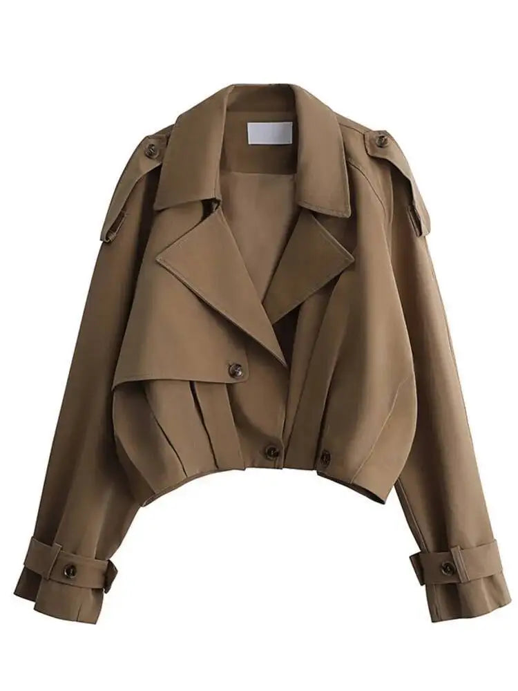 Stylish Cropped Lapel Collar And Belted Cuffs Trench Coat