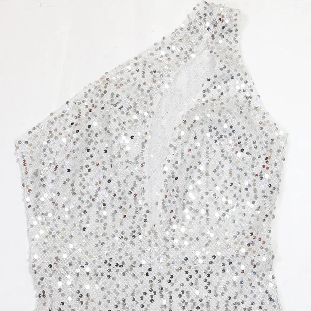 Sequined Sleeveless Cut Out One Shoulder High Split Midi Long Maxi Dress