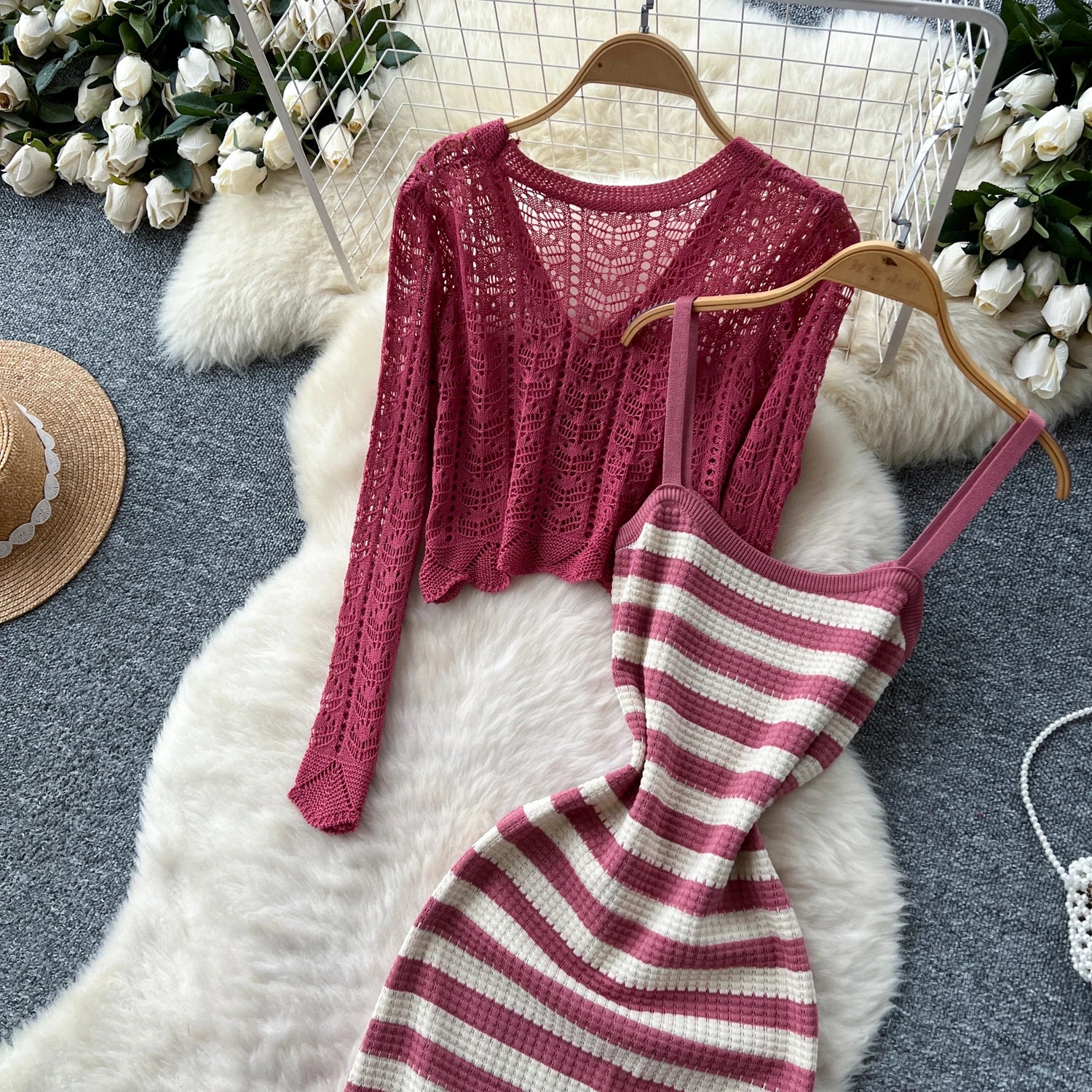 Two piece set Hook flower hollow striped Two Piece Set