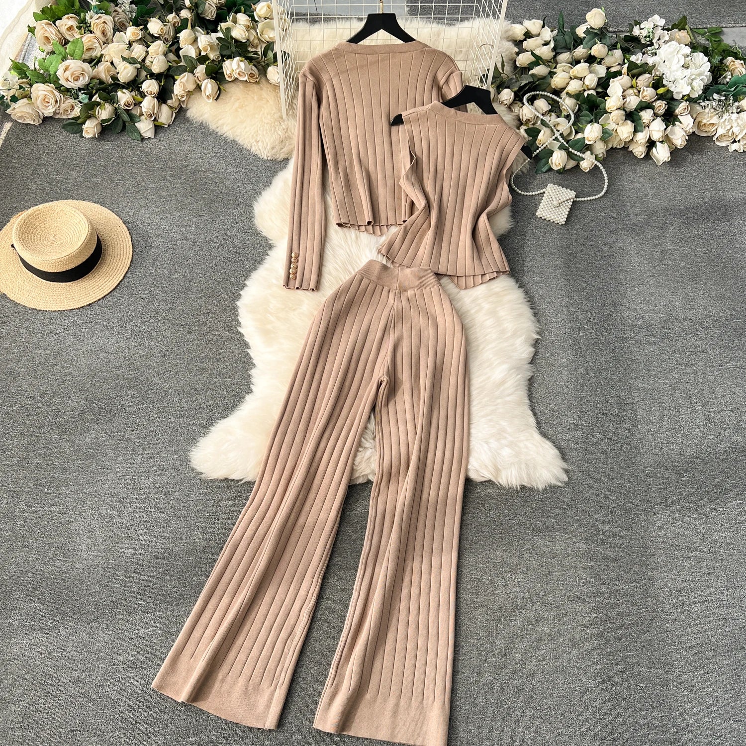 Knitted Metal Button Vest+V Neck Long Sleeves Cardigans+Wide Legs Pants Stripe Three Pieces Sets
