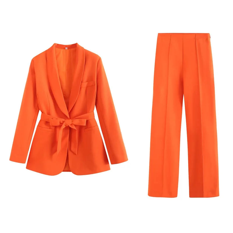 Long Sleeve Belt Bow Blazers Suit Coat Chic Female High Waist Trousers Two Piece Sets