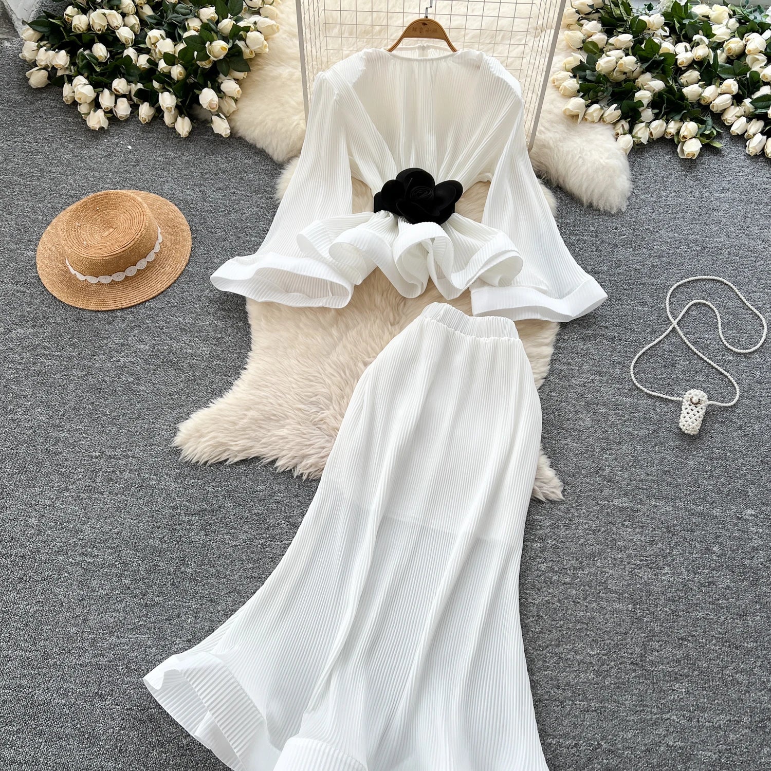 3D Flower 2pc Set Flare Sleeve Tops+Bodycon Mermaid Skirt