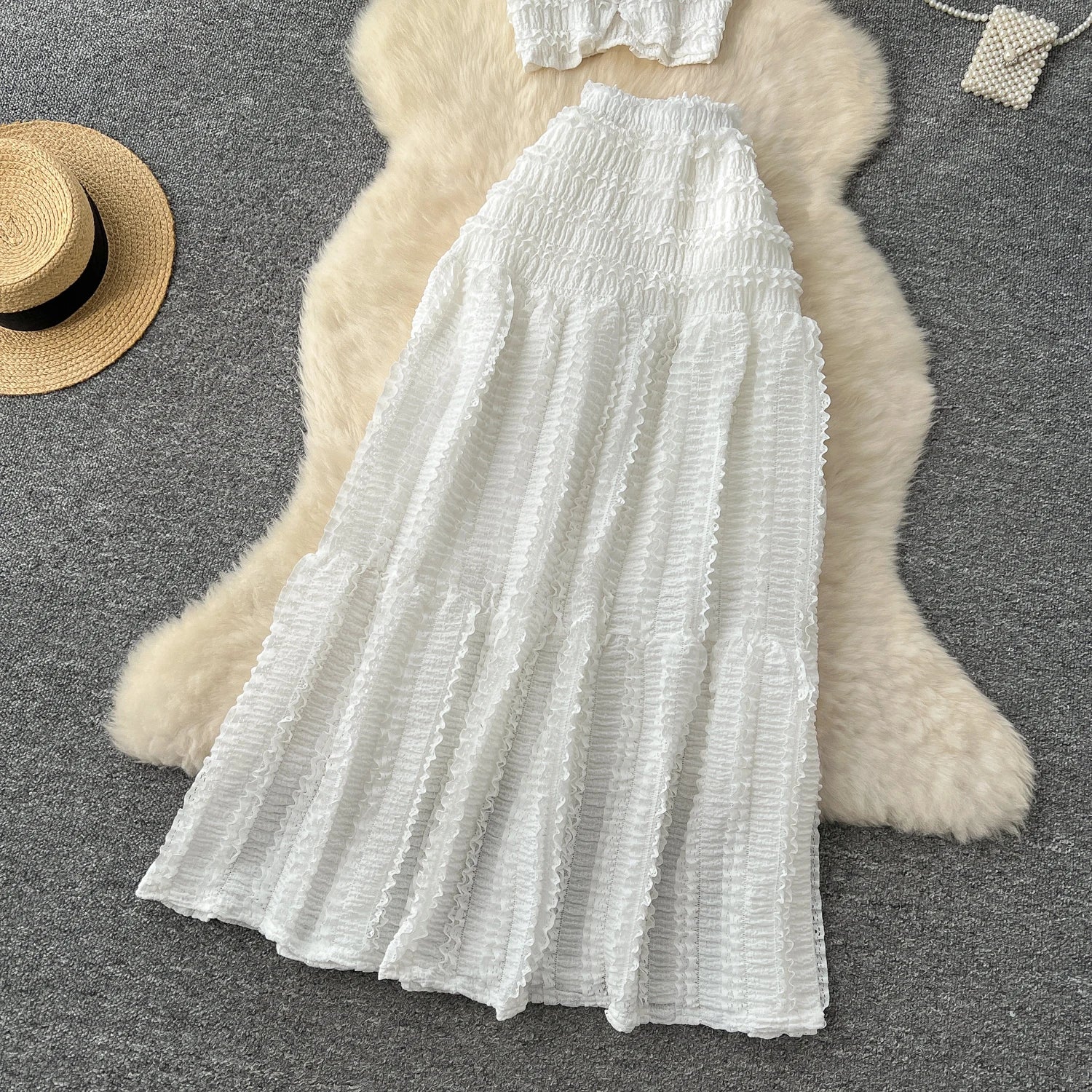 Casual Single Breasted Mini Camisole+Elastic Waist A Line Fold Slim Skirt Two Piece Sets