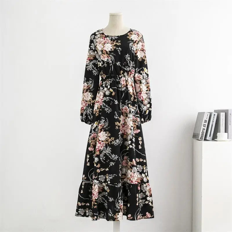 Spring Summer Chiffon Dresses Casual Floral Printed Bark Crinkling Long Dresses