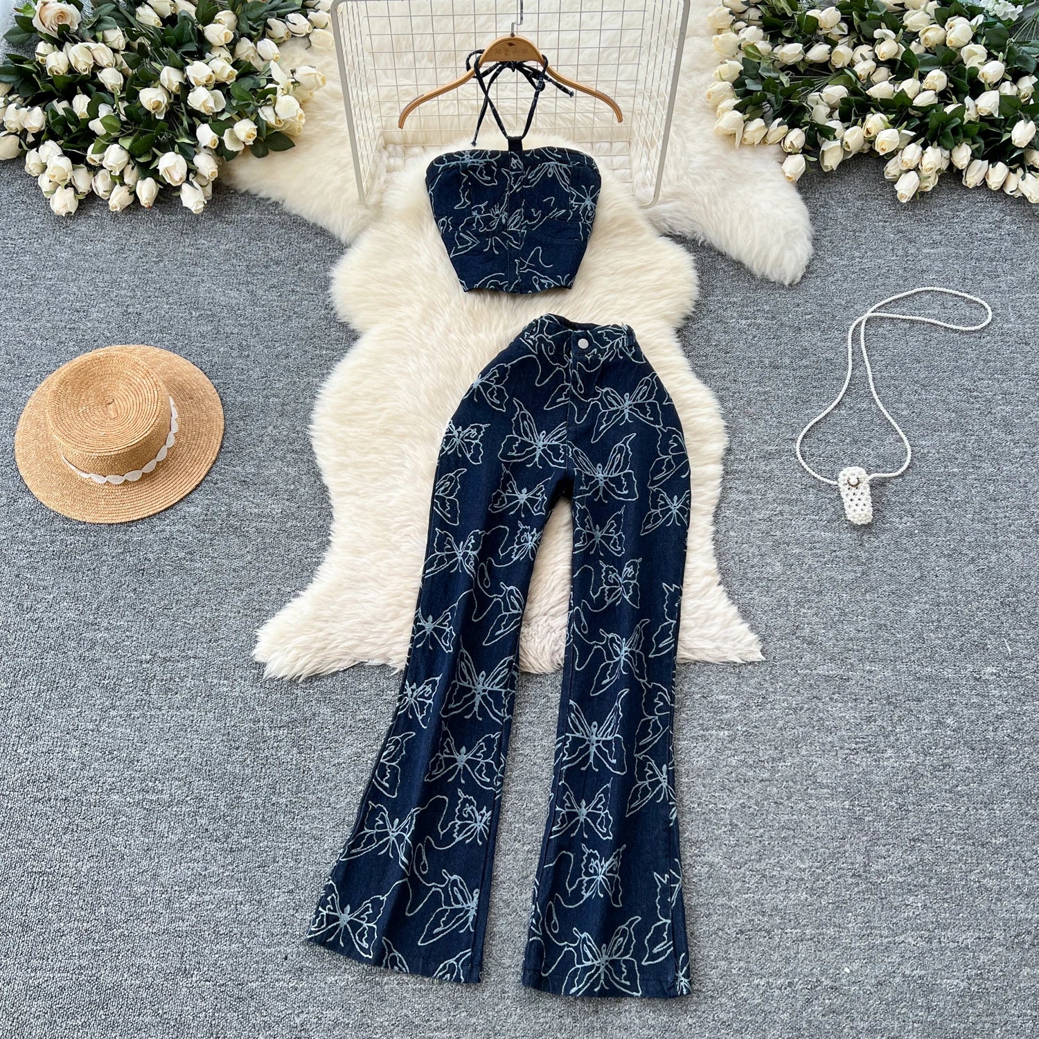 Butterfly Print Denim Two Pieces Sets Halter Strapless Slim Camis+Wide Legs Long Pant Suits