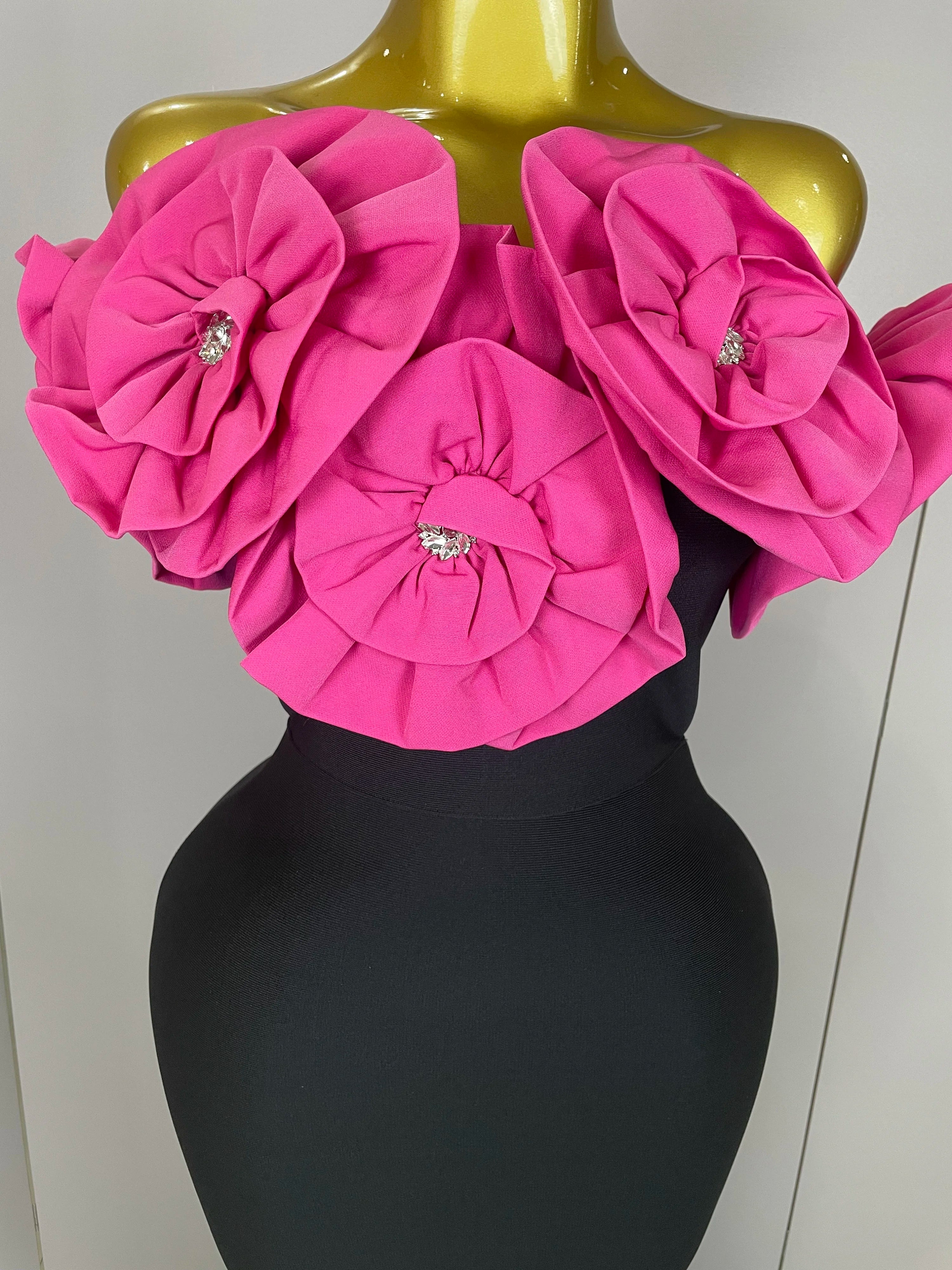 Stereoscopic Flowers Off The Shoulder Ankle Length Bandage Dress